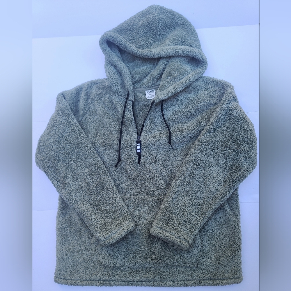 Victoria's Secret Pink Sherpa Hooded Quarter Zip Sage Green Size Large
